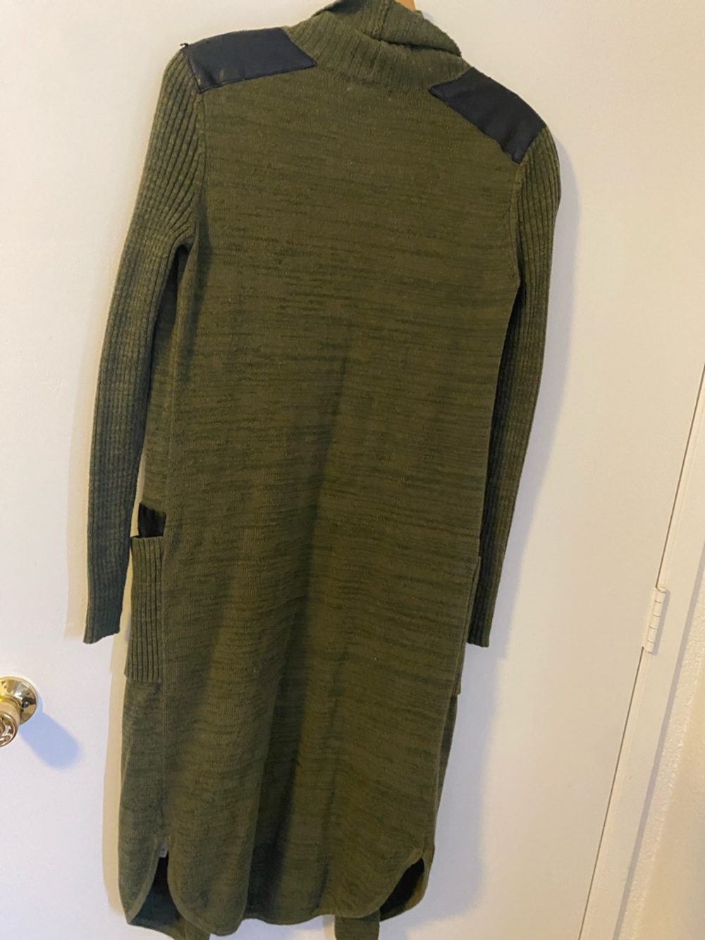 silence + noise Olive Green Long Open Cardigan with Black Shoulder Trim - Picture 7 of 8